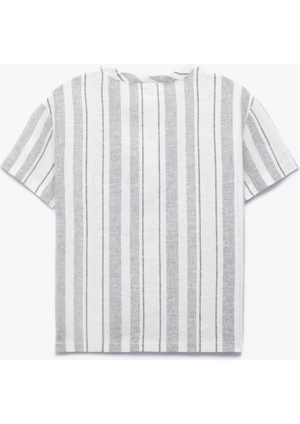 Keten ve Viskon Karışımlı Kısa Kollu Bisiklet Yaka Çizgili Gömlek fiyatları