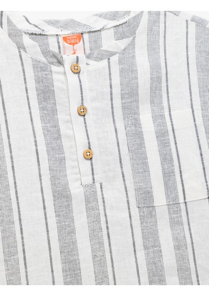 Keten ve Viskon Karışımlı Kısa Kollu Bisiklet Yaka Çizgili Gömlek modelleri