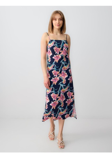 Pembe Çiçek Desenli Askılı Keten Midi Elbise