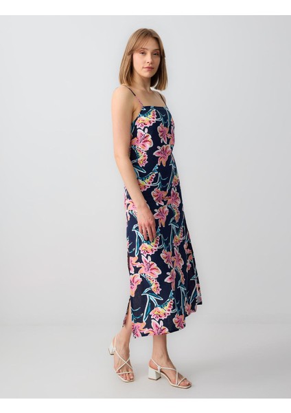 Pembe Çiçek Desenli Askılı Keten Midi Elbise modelleri