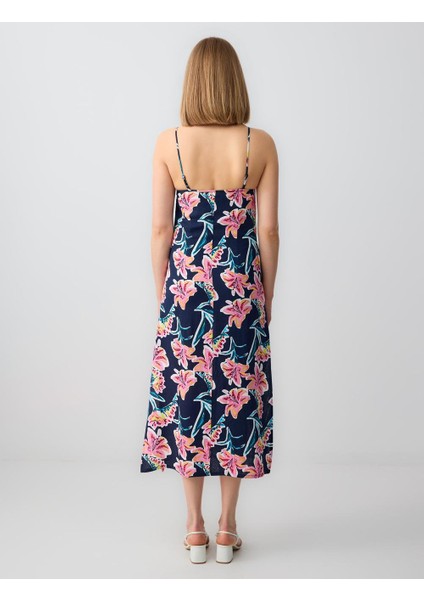 Pembe Çiçek Desenli Askılı Keten Midi Elbise indirimleri