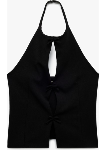 Krep Scuba Kumaş Pencere Detaylı Fiyonklu Halter Yaka Bluz
