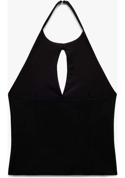 Krep Scuba Kumaş Pencere Detaylı Fiyonklu Halter Yaka Bluz