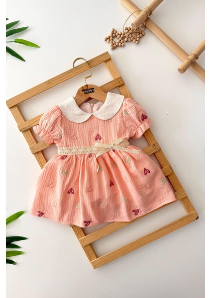 Müslin Kalp Işleme Detaylı Kız Bebe Yakalı elbise - Somon