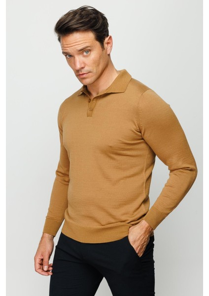 Erkek Basic Polo Yaka Ince Triko Kazak Camel