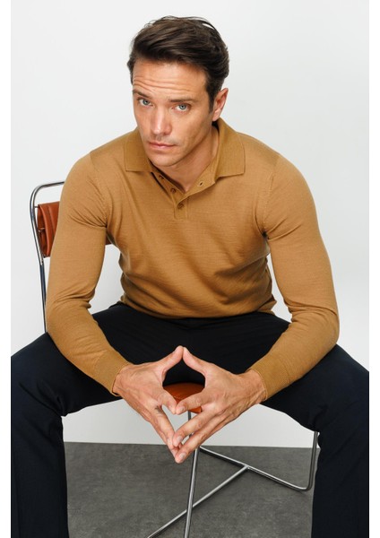 Erkek Basic Polo Yaka Ince Triko Kazak Camel