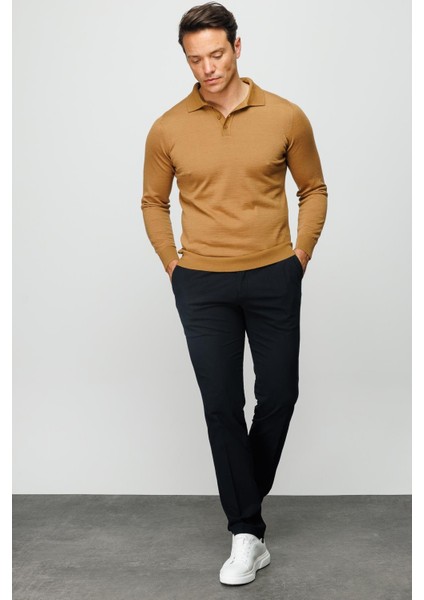 Erkek Basic Polo Yaka Ince Triko Kazak Camel