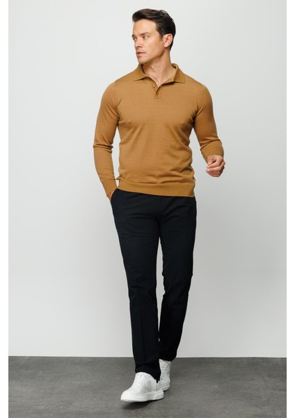 Erkek Basic Polo Yaka Ince Triko Kazak Camel