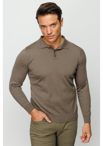 Erkek Basic Polo Yaka Ince Triko Kazak Vizon