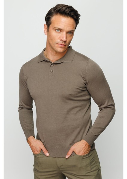 Erkek Basic Polo Yaka Ince Triko Kazak Vizon fiyatları