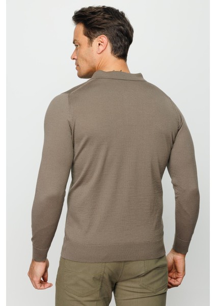 Erkek Basic Polo Yaka Ince Triko Kazak Vizon modelleri