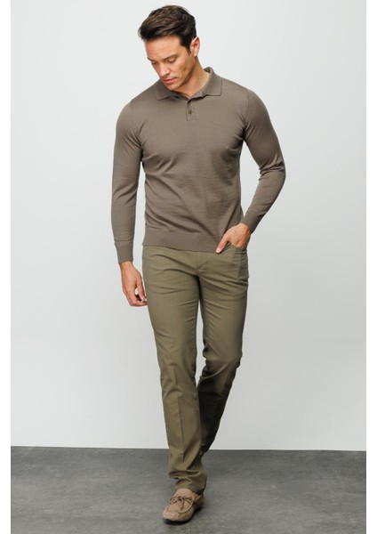 Erkek Basic Polo Yaka Ince Triko Kazak Vizon fırsatları