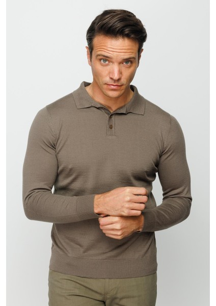 Erkek Basic Polo Yaka Ince Triko Kazak Vizon indirimleri