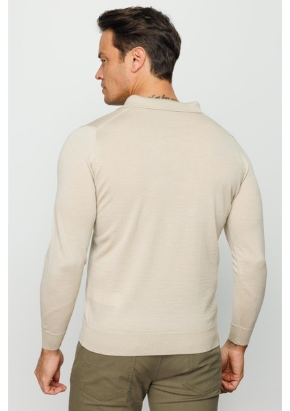 Erkek Basic Polo Yaka Ince Triko Kazak Bej fırsatları