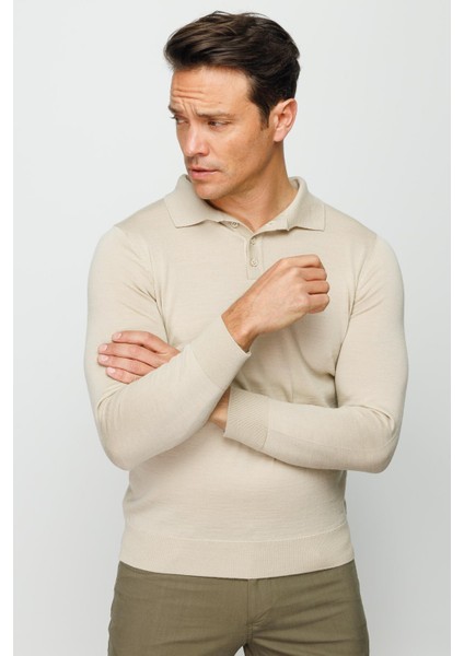 Erkek Basic Polo Yaka Ince Triko Kazak Bej indirimleri