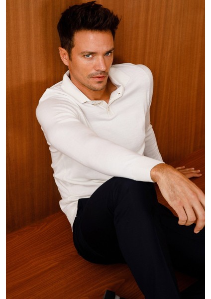 Erkek Basic Polo Yaka Ince Triko Kazak Kemik