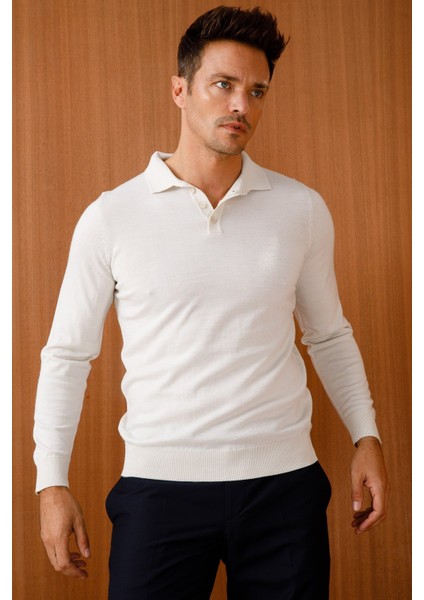 Erkek Basic Polo Yaka Ince Triko Kazak Kemik modelleri