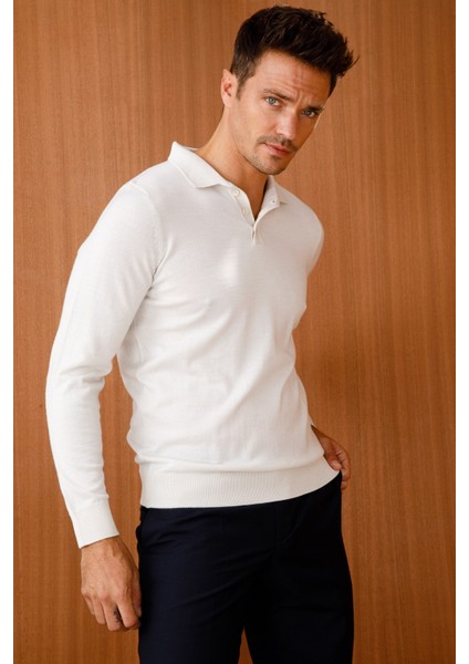 Erkek Basic Polo Yaka Ince Triko Kazak Kemik fırsatları