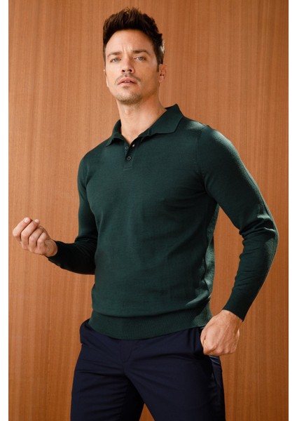 Erkek Basic Polo Yaka Ince Triko Kazak Nefti modelleri