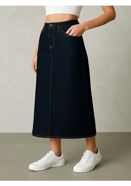 Pamuklu Koyu Yıkamalı Denim Etek