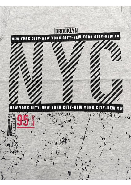 Nyc Brooklyn Baskılı Erkek Çocuk Tişörtü Gri