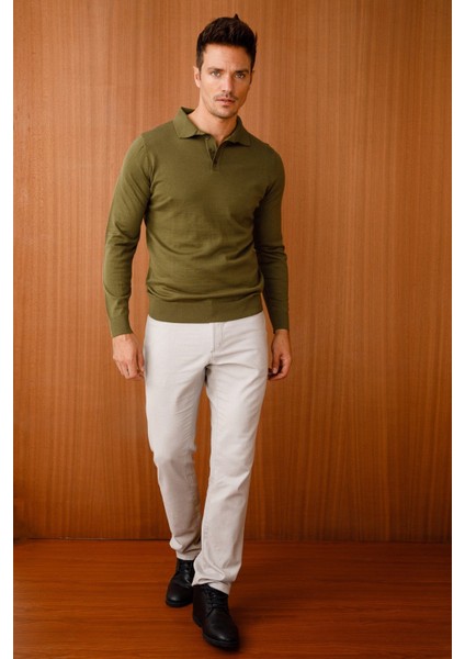 Erkek Basic Polo Yaka Ince Triko Kazak Haki fiyatları