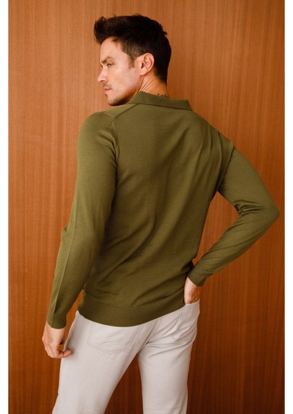 Erkek Basic Polo Yaka Ince Triko Kazak Haki modelleri