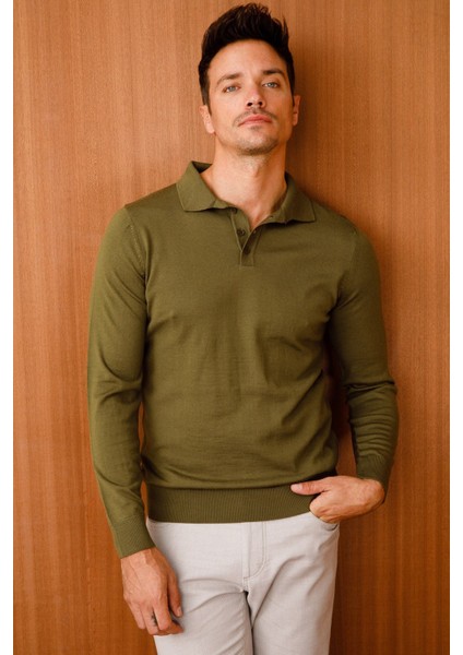 Erkek Basic Polo Yaka Ince Triko Kazak Haki fırsatları