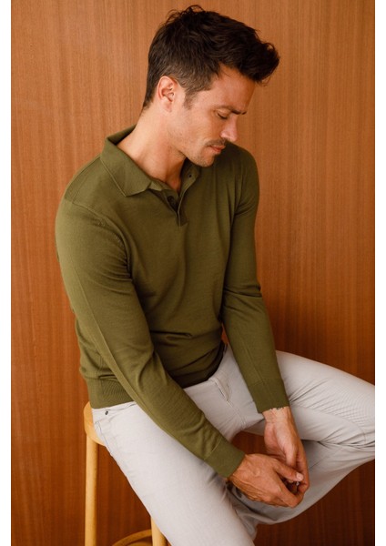 Erkek Basic Polo Yaka Ince Triko Kazak Haki indirimleri