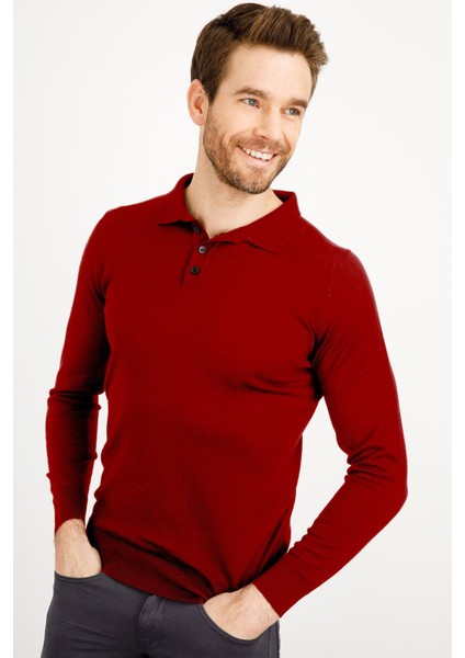 Erkek Basic Polo Yaka Ince Triko Kazak Koyu Kırmızı