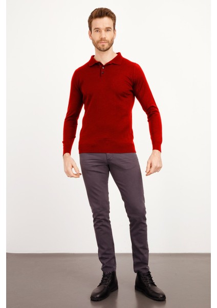 Erkek Basic Polo Yaka Ince Triko Kazak Koyu Kırmızı fiyatları