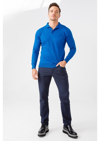 Erkek Basic Polo Yaka Ince Triko Kazak Saks modelleri