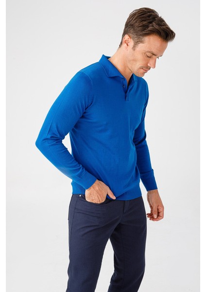 Erkek Basic Polo Yaka Ince Triko Kazak Saks fırsatları