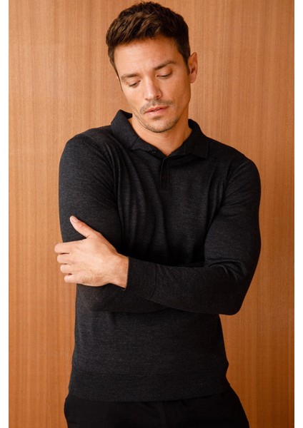 Erkek Basic Polo Yaka Ince Triko Kazak K.füme