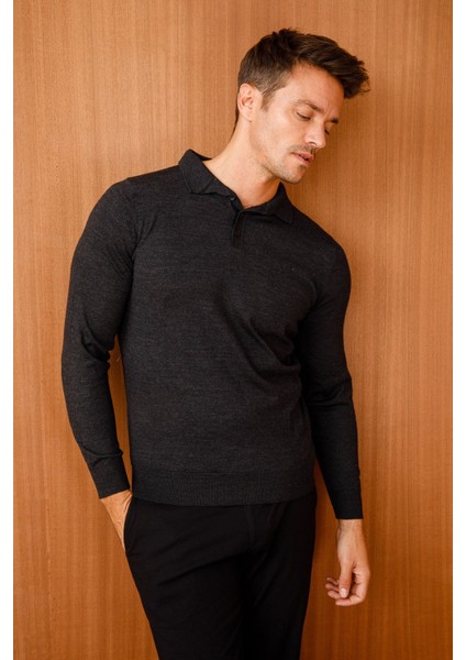 Erkek Basic Polo Yaka Ince Triko Kazak K.füme indirimleri