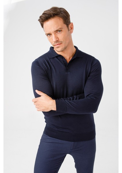 Erkek Basic Polo Yaka Ince Triko Kazak Koyu Lacivert