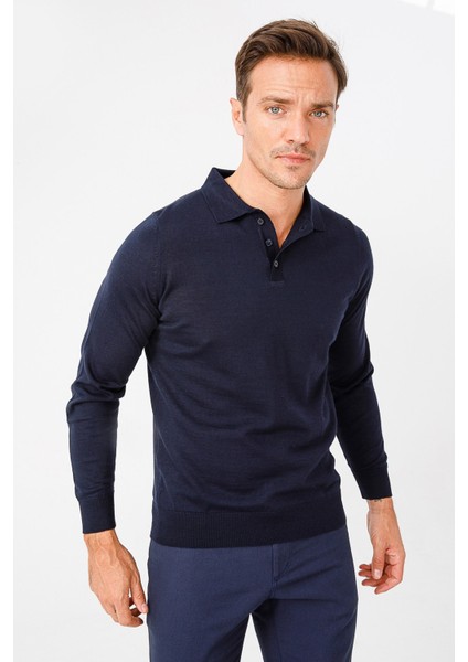 Erkek Basic Polo Yaka Ince Triko Kazak Koyu Lacivert