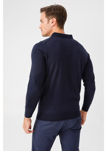 Erkek Basic Polo Yaka Ince Triko Kazak Koyu Lacivert