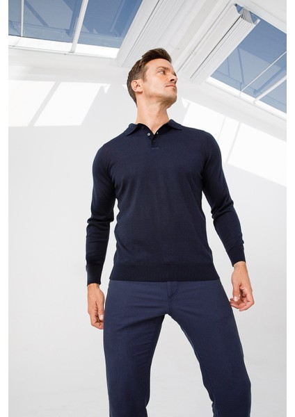Erkek Basic Polo Yaka Ince Triko Kazak Koyu Lacivert