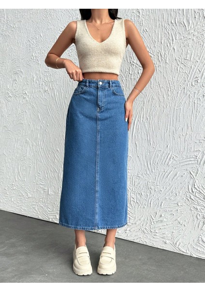 Pamuklu Mavi Denim Etek