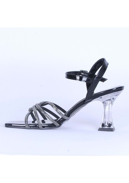 Moda Ayakkabı 530 Siyah Parlak Taşlı Şefaf 7cm Topuklu Ayakkabı modelleri