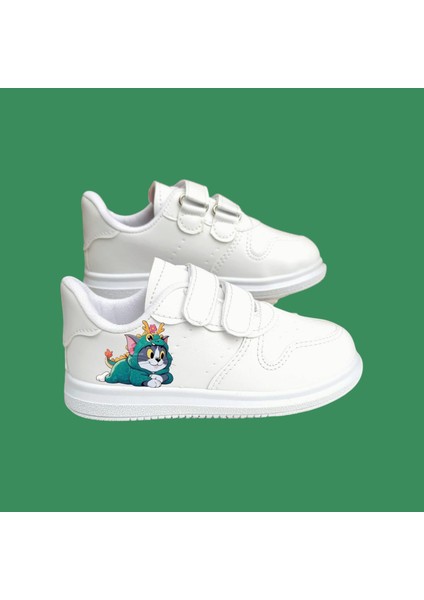 Sevimli Arkadaş Kedi Baskılı Beyaz Bantlı Çocuk Spor Ayakkabı Sneaker