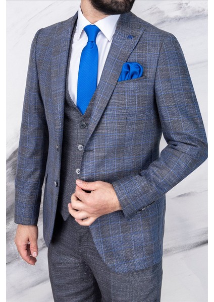 Erkek Slim Fit Sivri Yaka Gri Ekose Kombin Yelekli Takım Elbise
