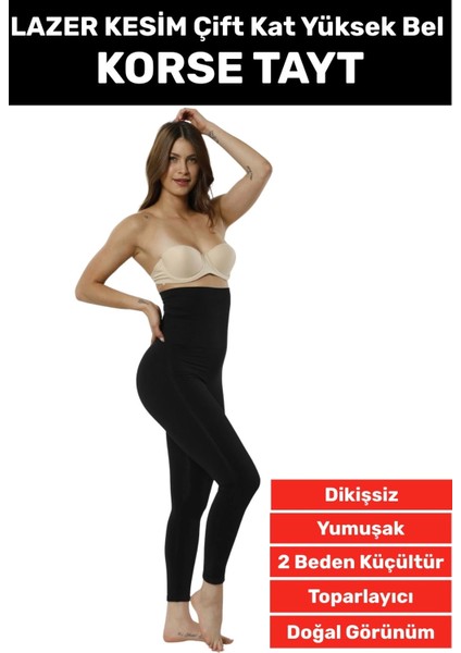 Doğal Görünüm Çift Kat Bel 2 Beden Incelten Vücut Toparlayıcı Lazer Kesim Yüksek Bel Korse Tayt