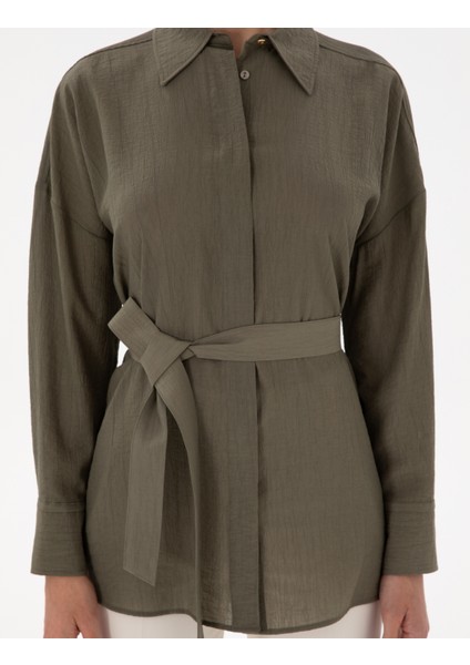 Kadın Haki Oversize Uzun Kollu Gömlek 50306501-VR027