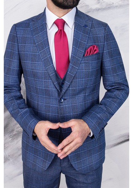 Erkek Slim Fit Sivri Yaka Lacivert Ekose Kombin Yelekli Takım Elbise