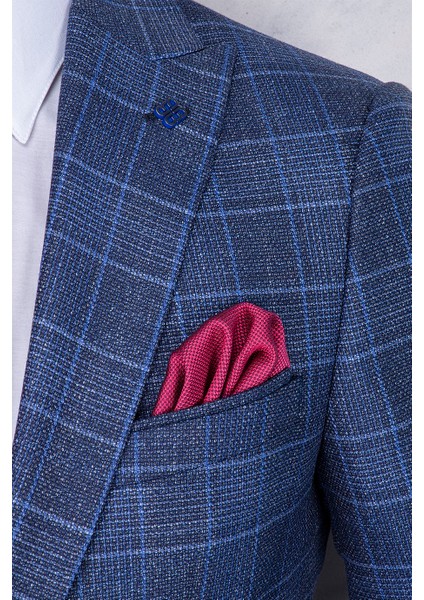 Erkek Slim Fit Sivri Yaka Lacivert Ekose Kombin Yelekli Takım Elbise modelleri
