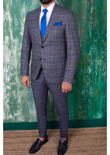 Erkek Slim Fit Sivri Yaka Lacivert Ekose Kombin Yelekli Takım Elbise fiyatları