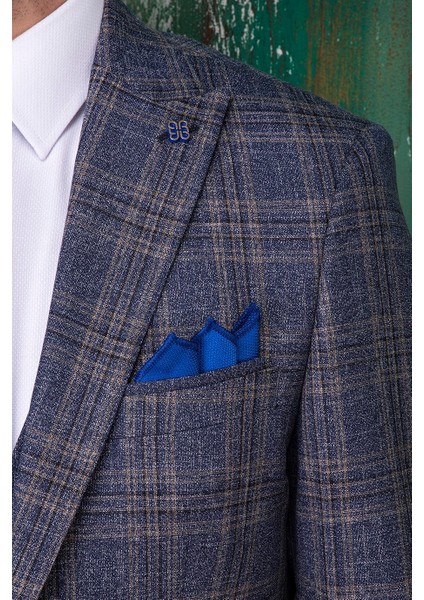 Erkek Slim Fit Sivri Yaka Lacivert Ekose Kombin Yelekli Takım Elbise fırsatları