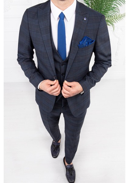 Erkek Slim Fit Sivri Yaka Lacivert Yelekli Takım Elbise
